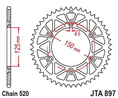 Hliníková reťazová rozeta JT JTA 897-52RED 52T, 520 červená